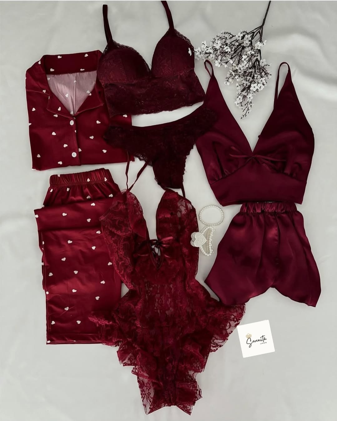 7Pcs Heart Printed Nighty &amp; Lingerie Set
