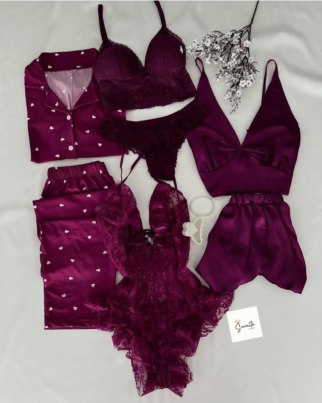 7Pcs Heart Printed Nighty &amp; Lingerie Set