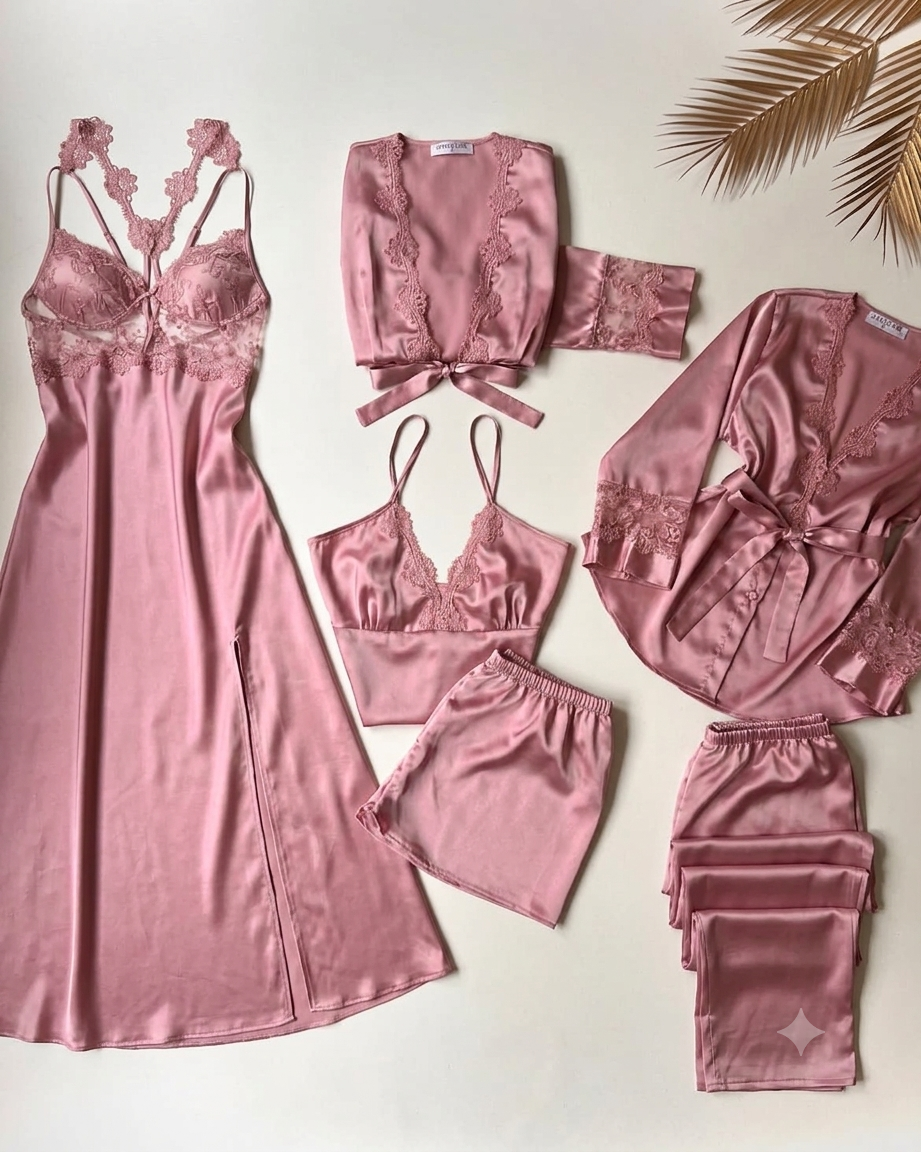 Lace Detailed 6-Piece Satin Nightgown Dressing Gown Nighty Set