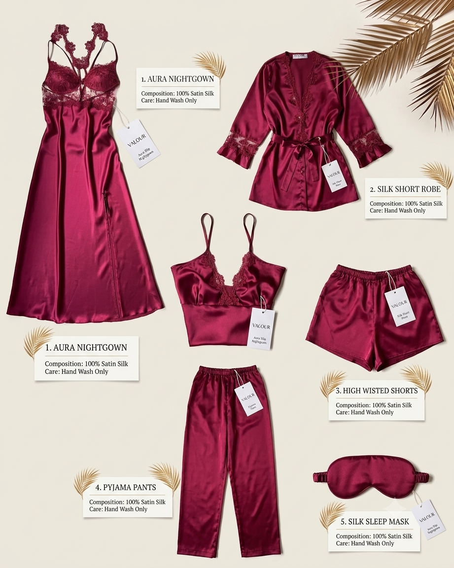 Lace Detailed 6-Piece Satin Nightgown Dressing Gown Nighty Set