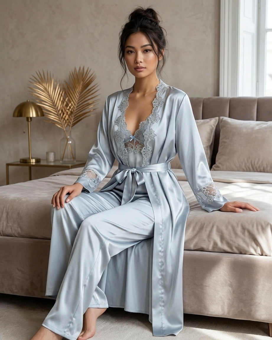 Lace Detailed 6-Piece Satin Nightgown Dressing Gown Nighty Set