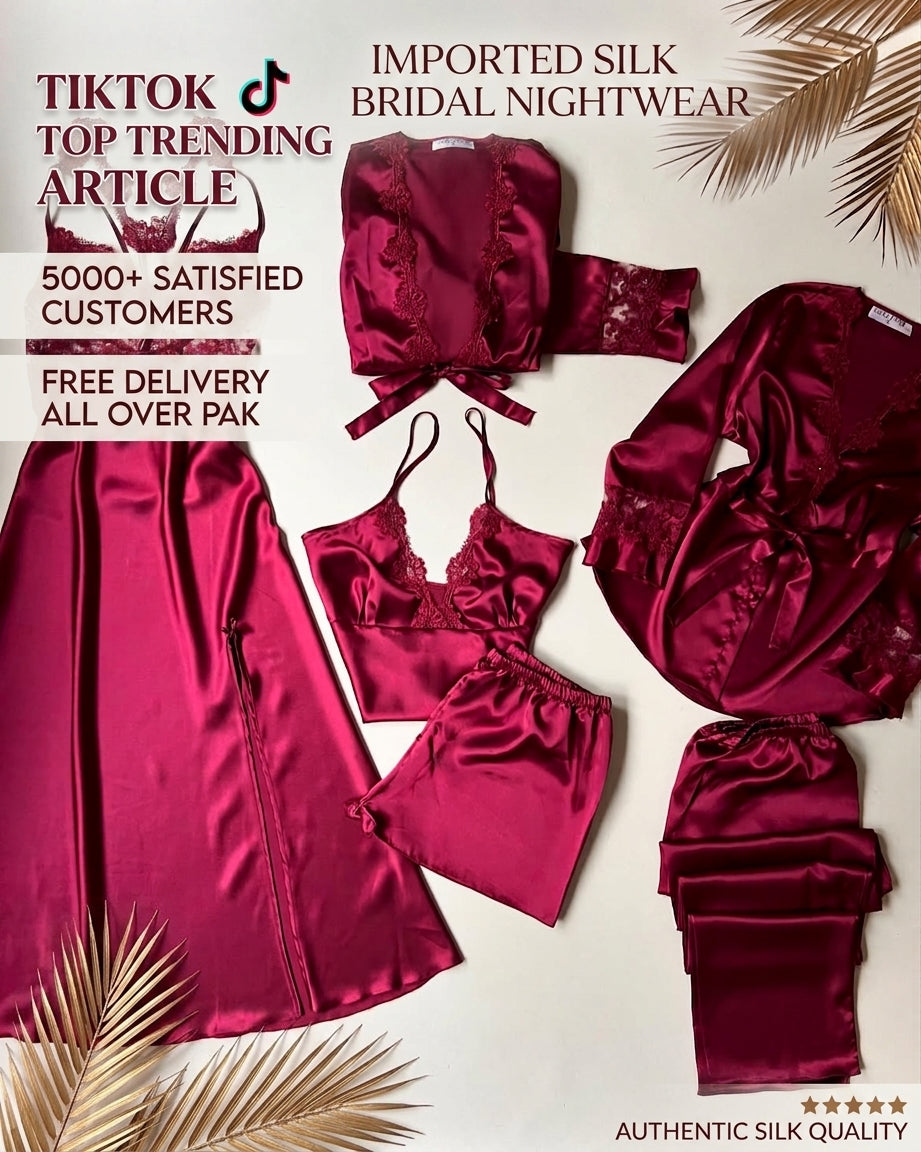 Lace Detailed 6-Piece Satin Nightgown Dressing Gown Nighty Set