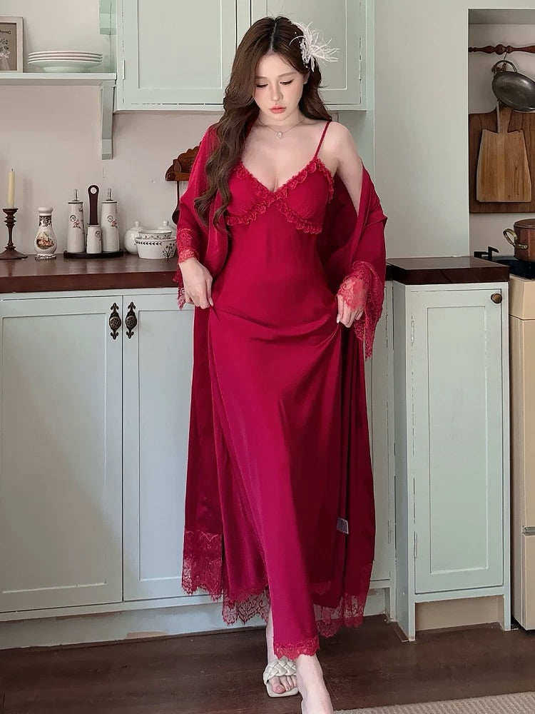 Ruby Touch Silk Bridal Slip &amp; Lace Outer Robe Set