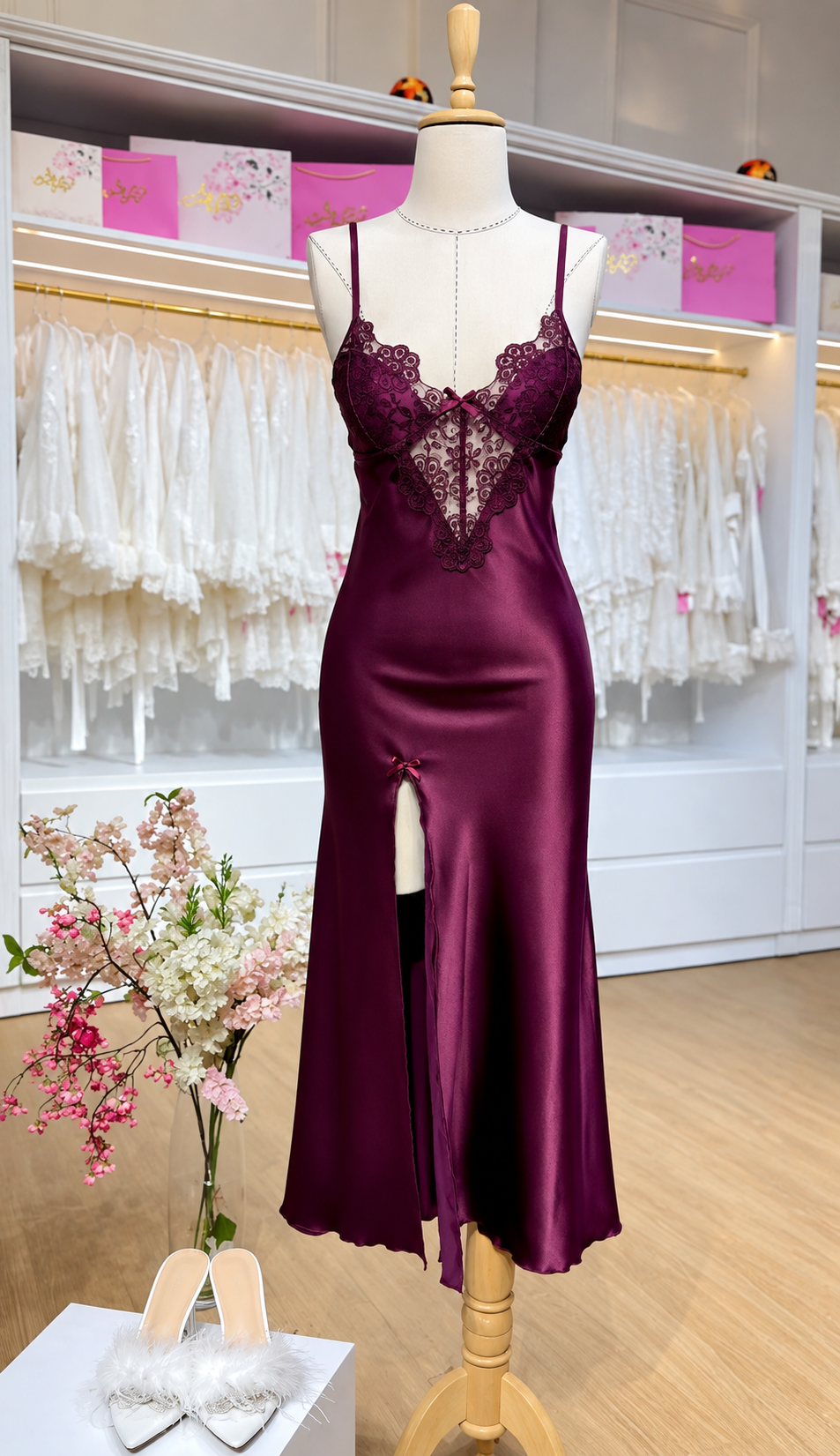 Burgundy 3Pcs Elegance Silk Robe with Lace Detailing