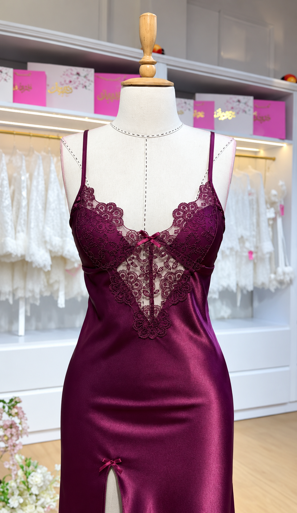 Burgundy 3Pcs Elegance Silk Robe with Lace Detailing