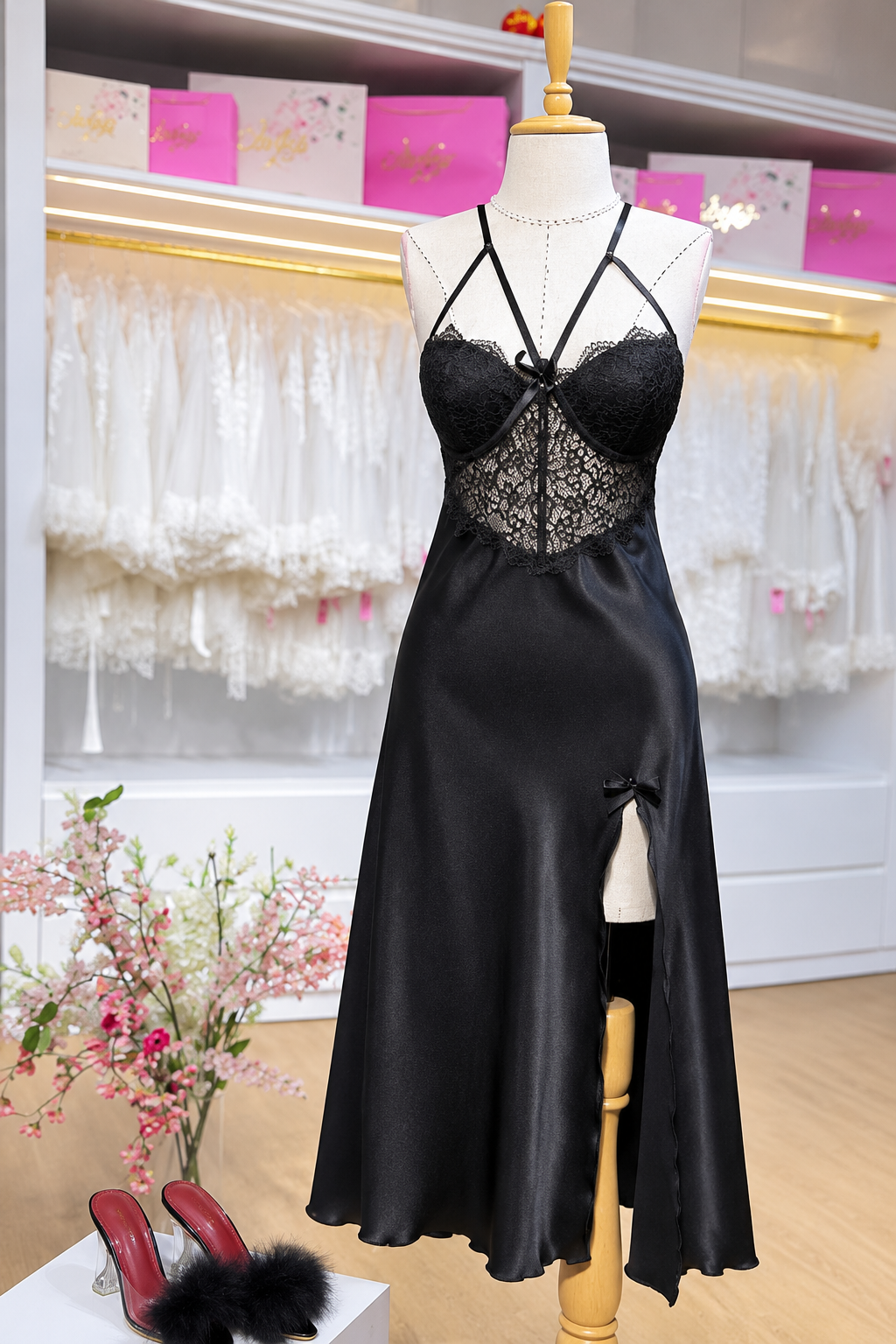 Black 3Pcs Elegance Silk Robe with Lace Detailing