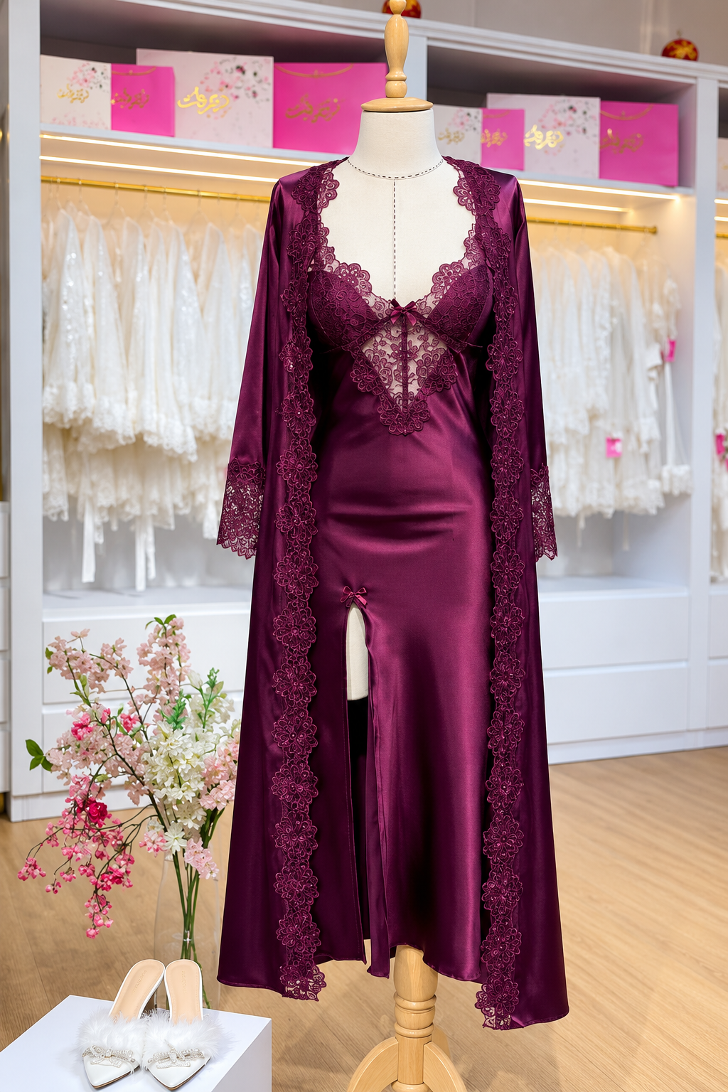 Burgundy 3Pcs Elegance Silk Robe with Lace Detailing