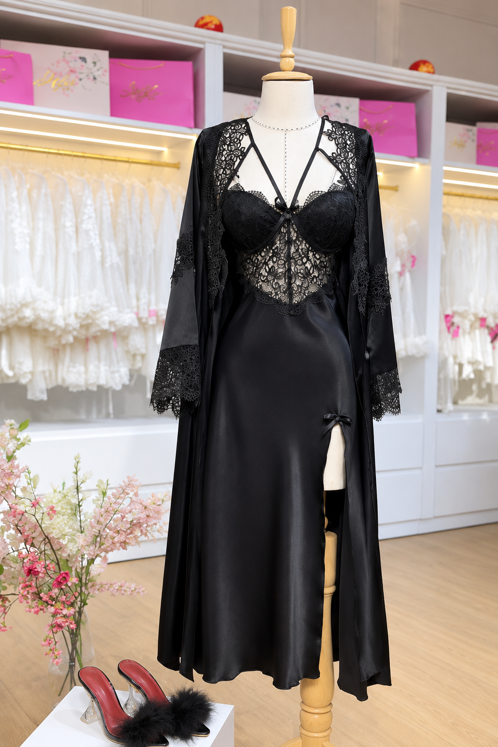 Black 3Pcs Elegance Silk Robe with Lace Detailing