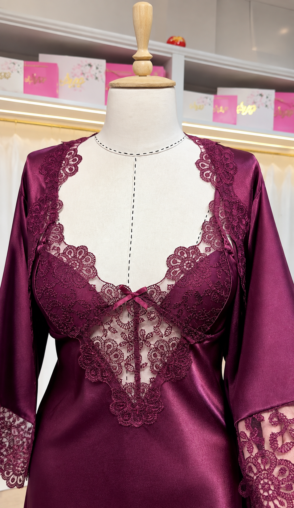 Burgundy 3Pcs Elegance Silk Robe with Lace Detailing