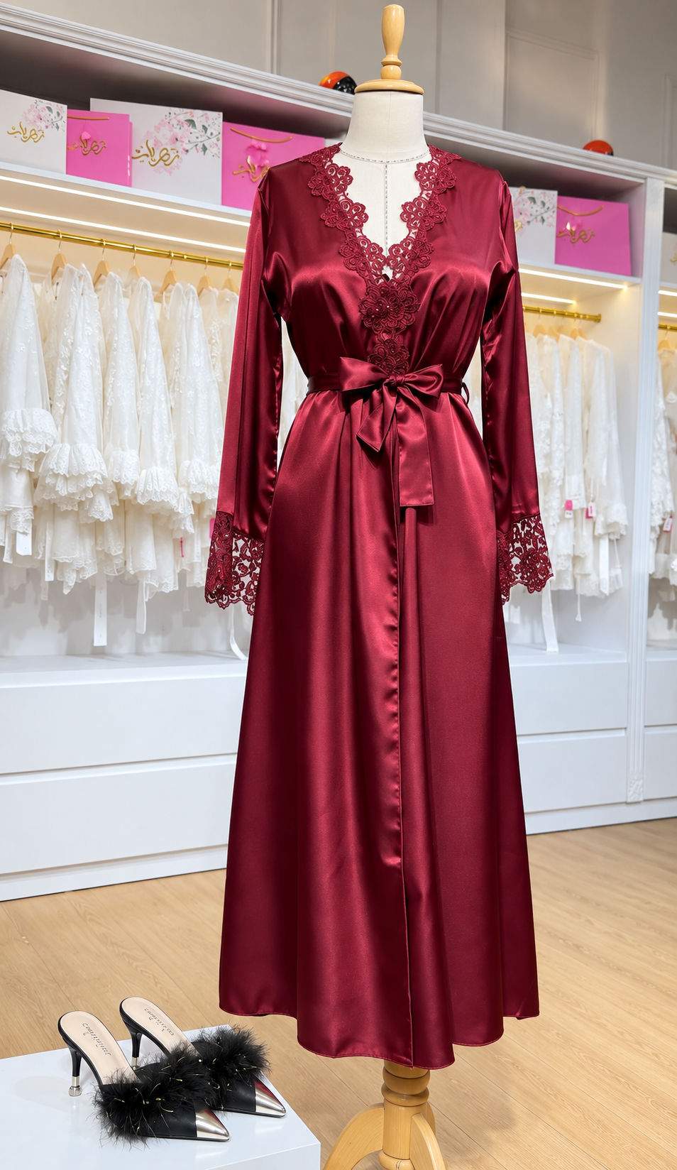 3Pcs Elegance Silk Robe with Lace Detailing