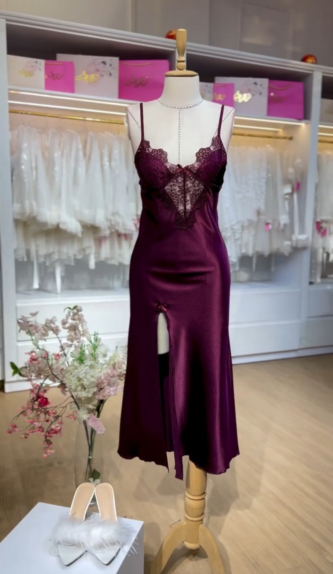 Burgundy 3Pcs Elegance Silk Robe with Lace Detailing