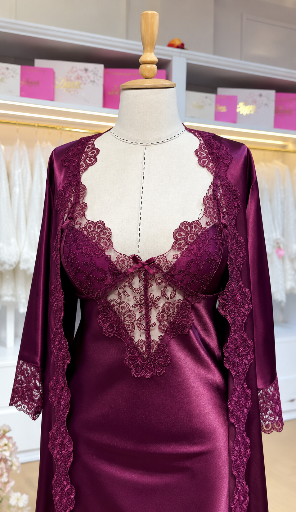 Burgundy 3Pcs Elegance Silk Robe with Lace Detailing