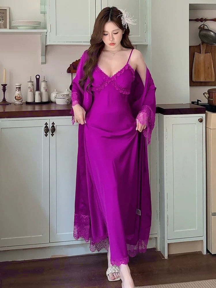 Ruby Touch Silk Bridal Slip &amp; Lace Outer Robe Set