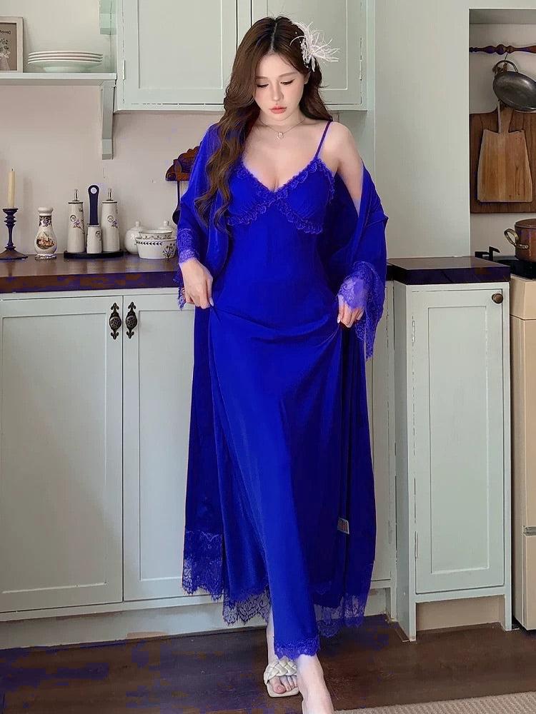 Ruby Touch Silk Bridal Slip &amp; Lace Outer Robe Set