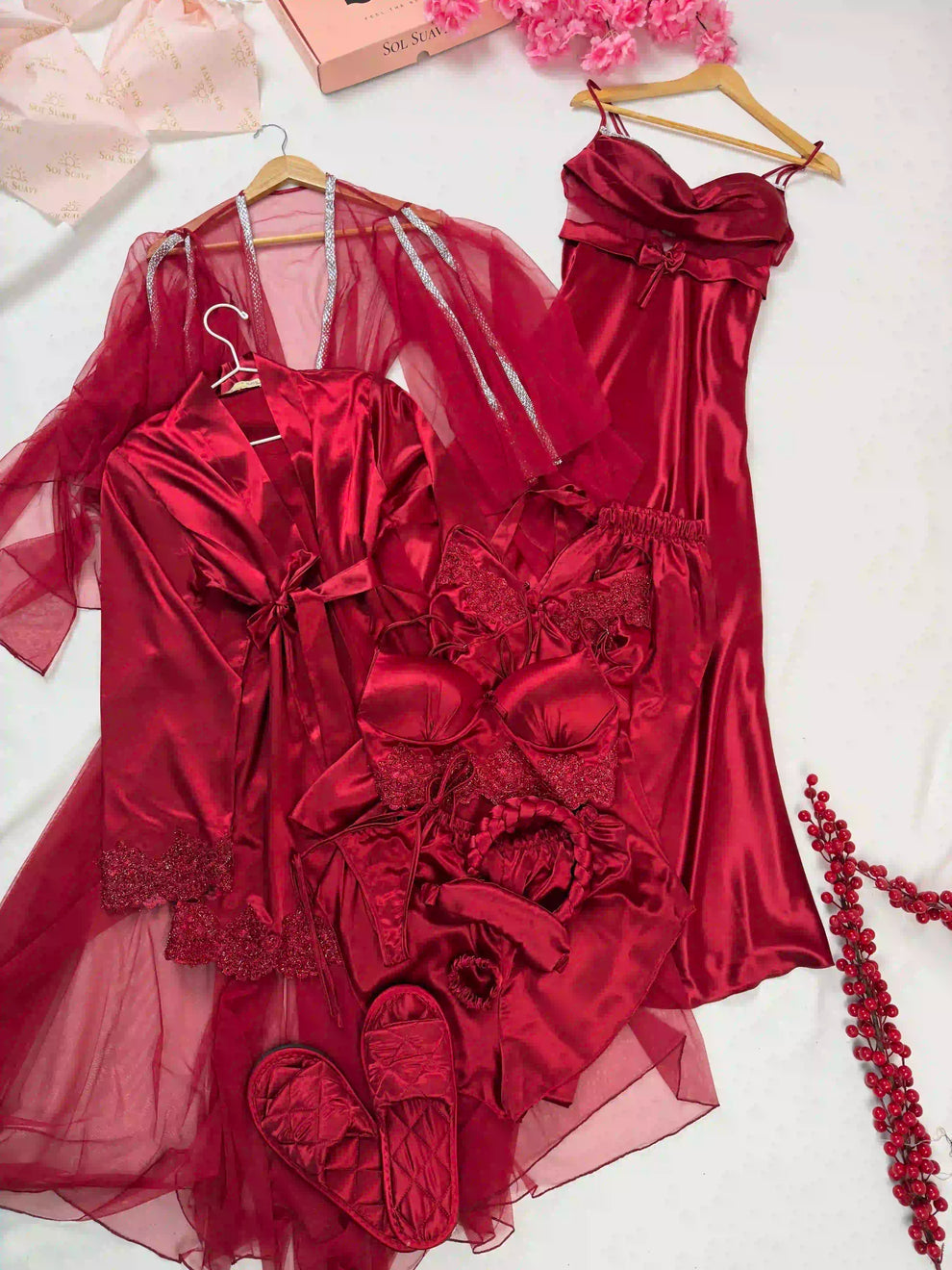 12Pcs Luxury Imported Bridal Nighty Set Maroon