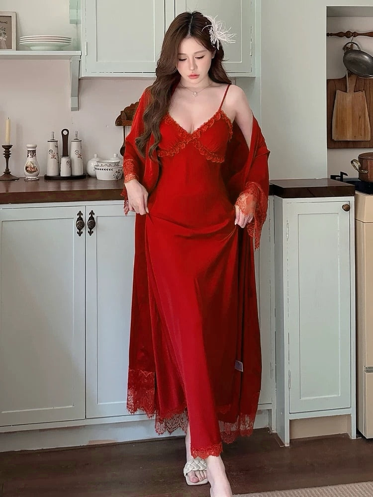 Ruby Touch Silk Bridal Slip &amp; Lace Outer Robe Set
