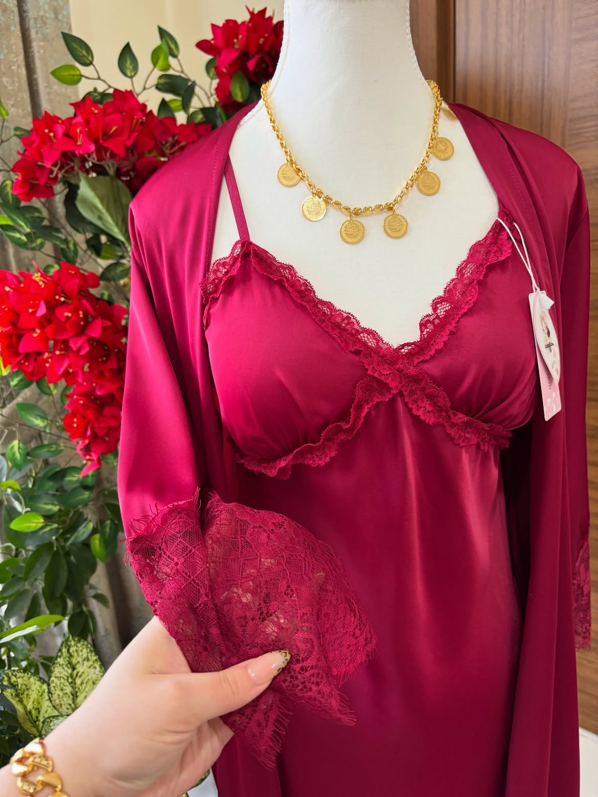 Ruby Touch Silk Bridal Slip &amp; Lace Outer Robe Set