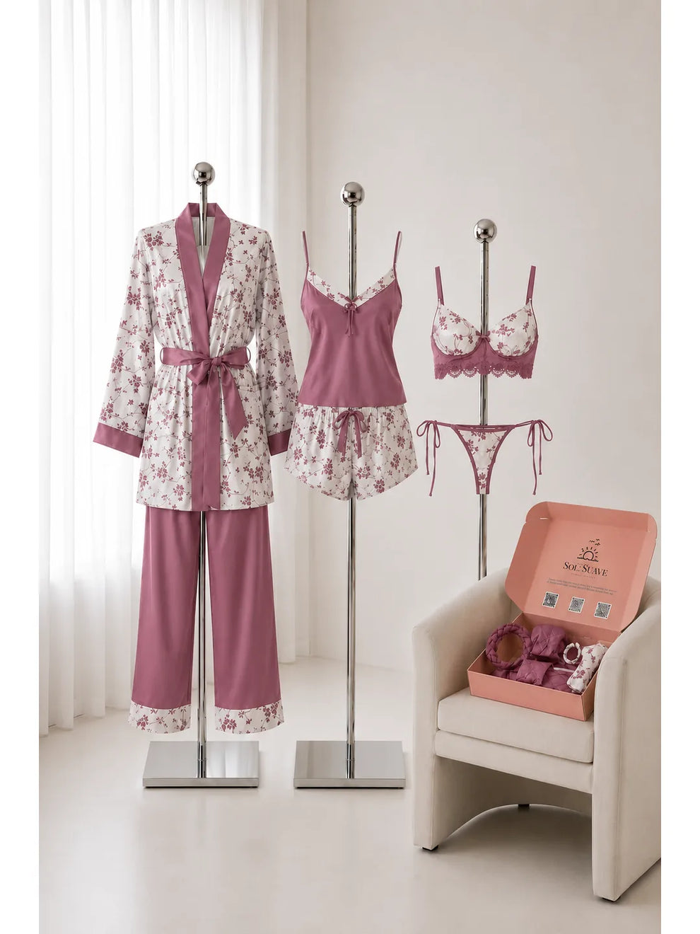 10Pcs Pink Printed Luxury Imported Bridal Nighty Set