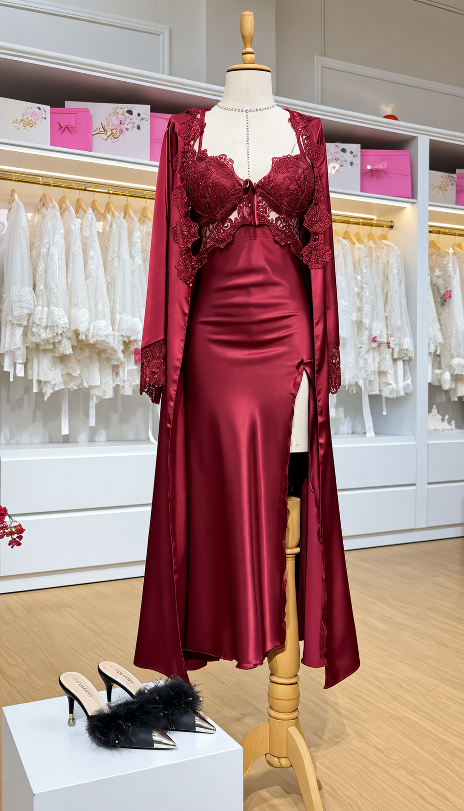 3Pcs Elegance Silk Robe with Lace Detailing