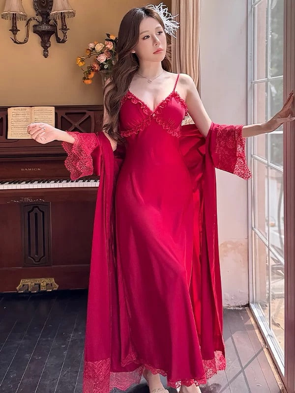 Ruby Touch Silk Bridal Slip &amp; Lace Outer Robe Set