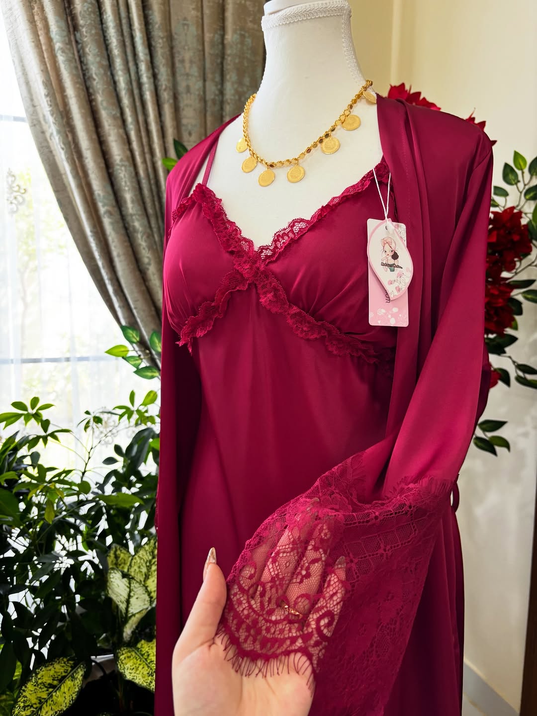 Ruby Touch Silk Bridal Slip &amp; Lace Outer Robe Set