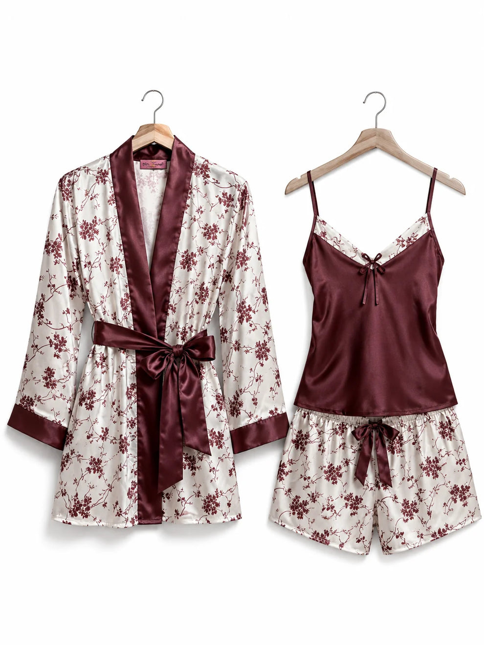 10Pcs Burgundy Printed Luxury Imported Bridal Nighty Set