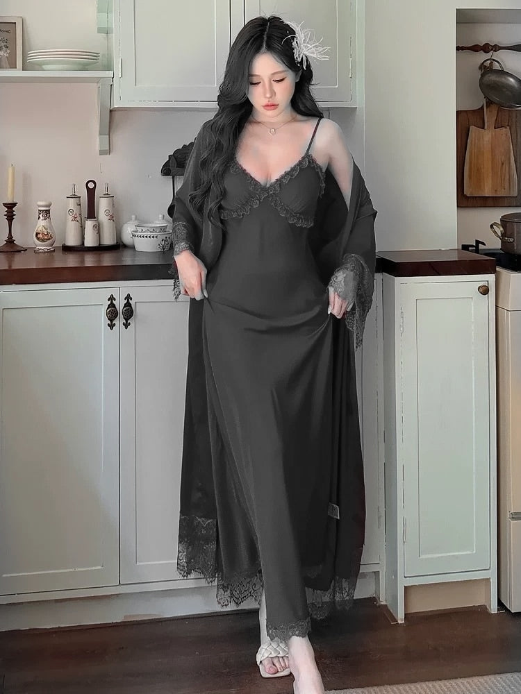 Ruby Touch Silk Bridal Slip &amp; Lace Outer Robe Set