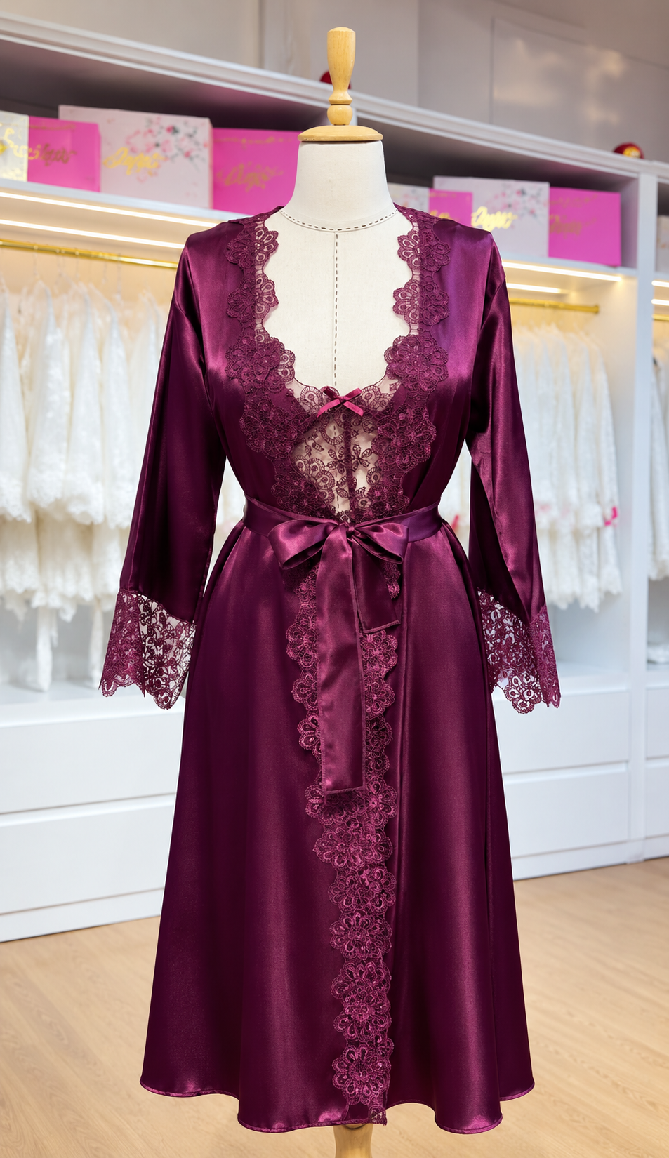 Burgundy 3Pcs Elegance Silk Robe with Lace Detailing