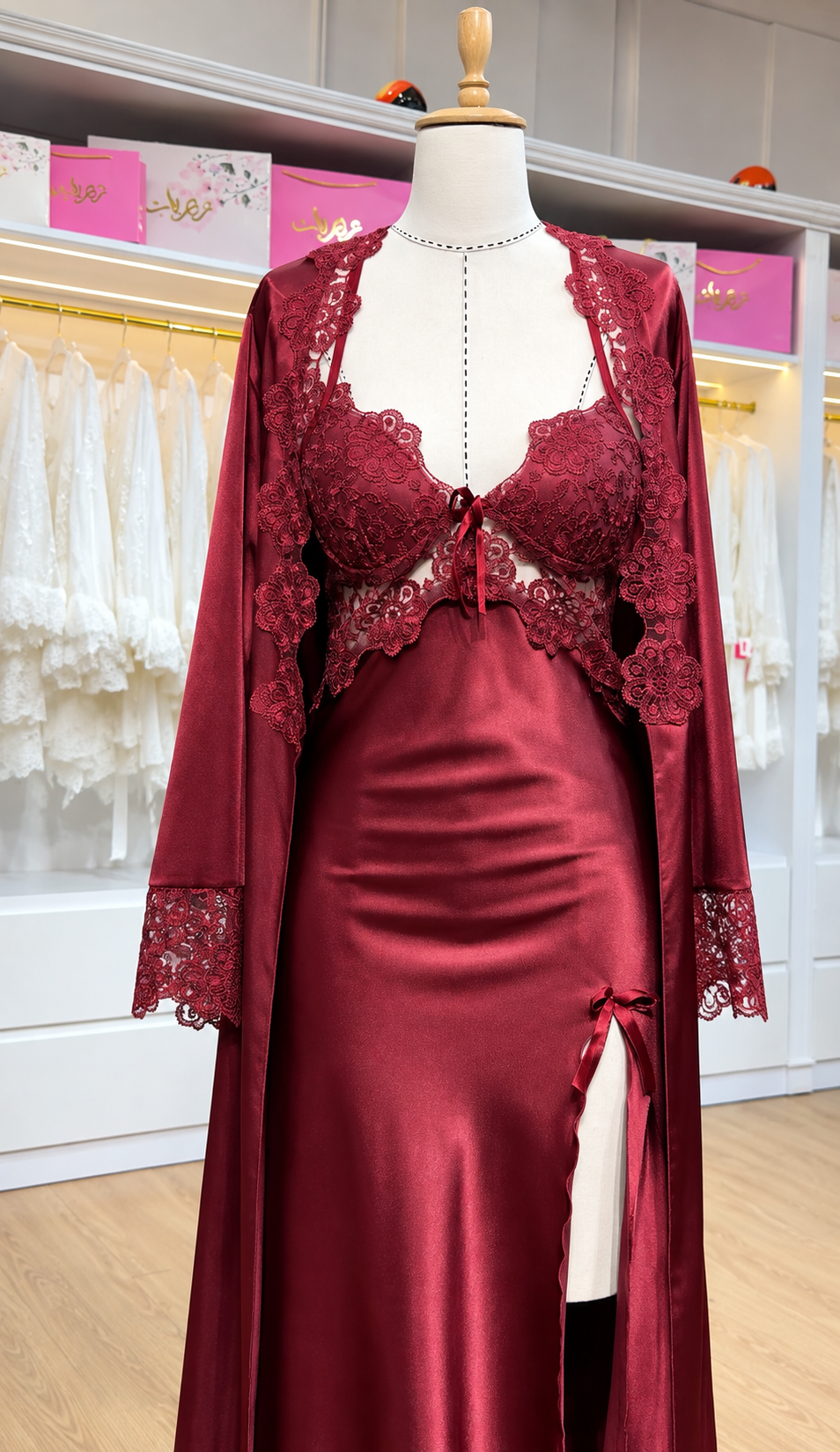 3Pcs Elegance Silk Robe with Lace Detailing
