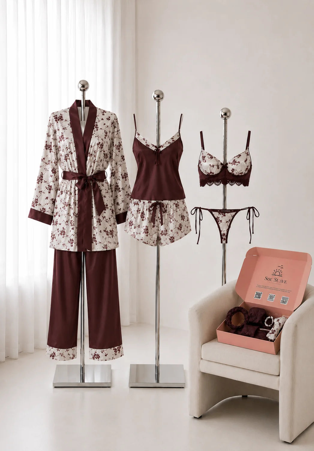 10Pcs Burgundy Printed Luxury Imported Bridal Nighty Set