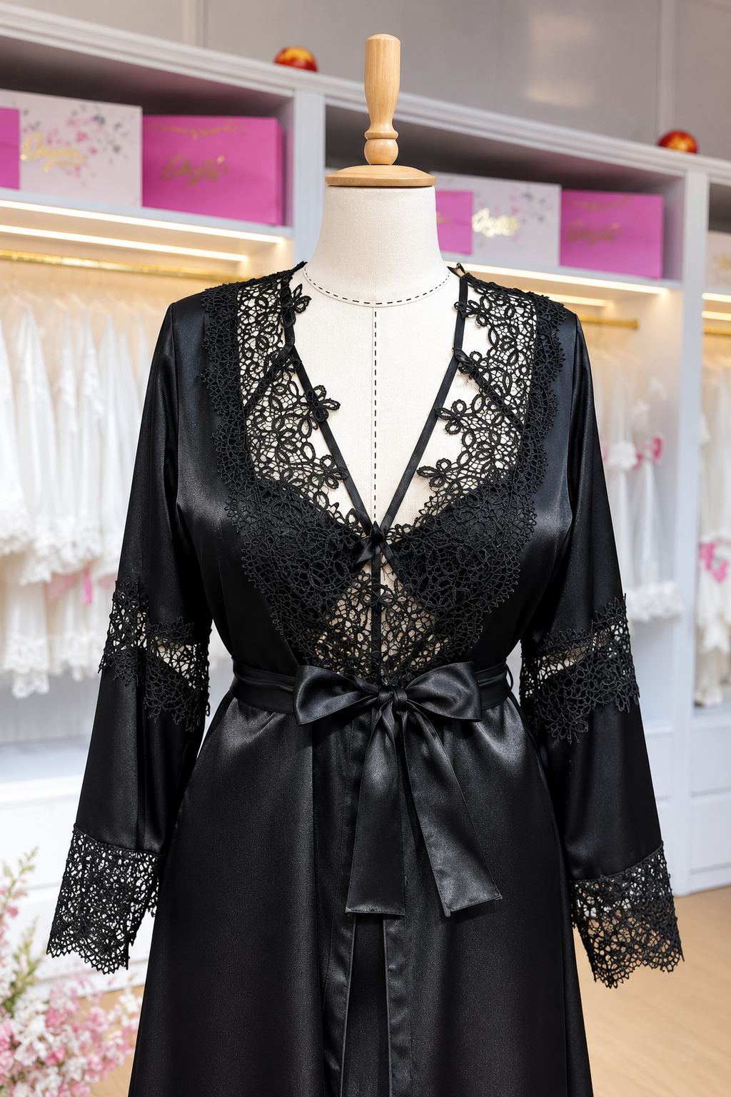 Black 3Pcs Elegance Silk Robe with Lace Detailing